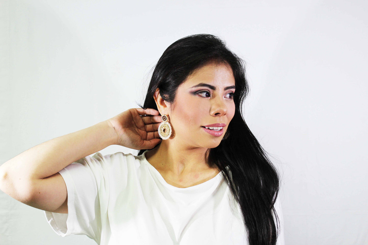 White Beads Earrings with Brown