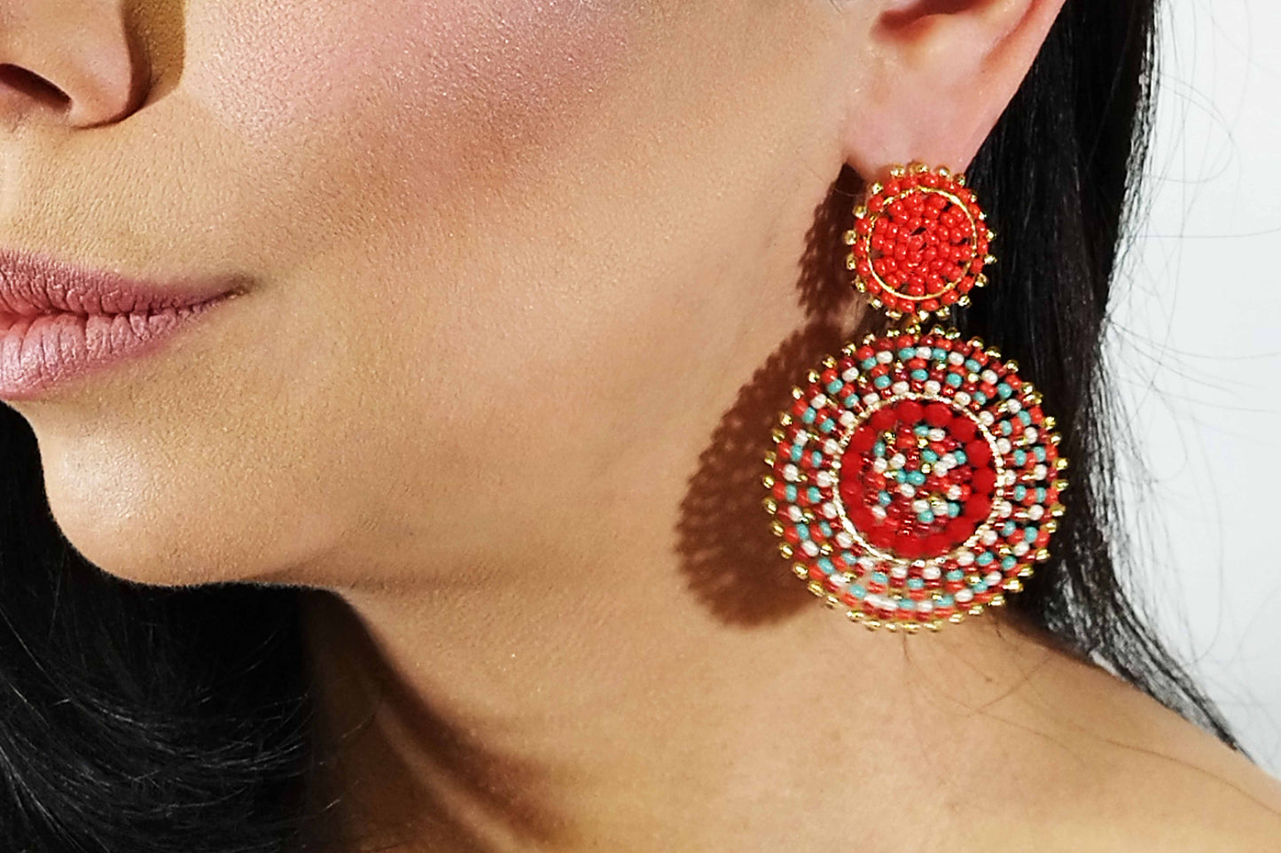 Red Beads Earrings with White