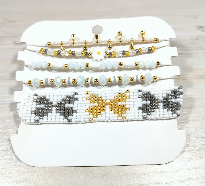 White, Gold And Grey Woven Beads Bracelets